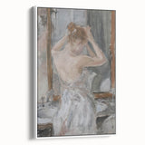 Abstract figurative framed canvas artwork showcasing fluid lines and vibrant colors, presented in a sleek white frame, ideal for modern home decor.