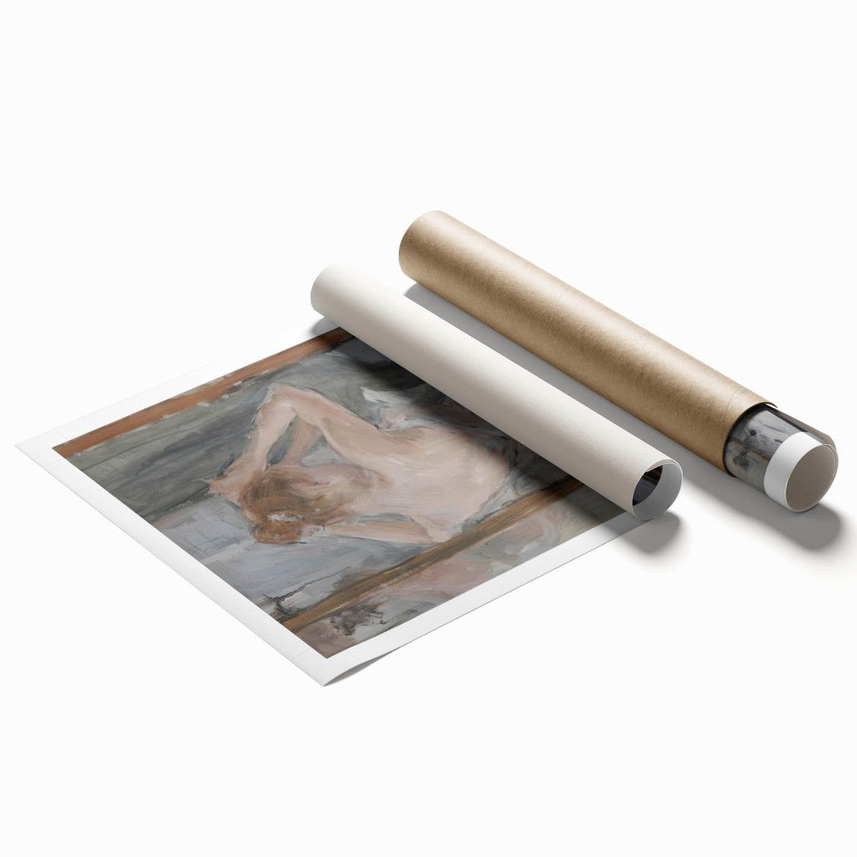 Abstract figurative art print showcasing vibrant colors and dynamic shapes, elegantly rolled for shipping in a protective cardboard tube, perfect for home decor.