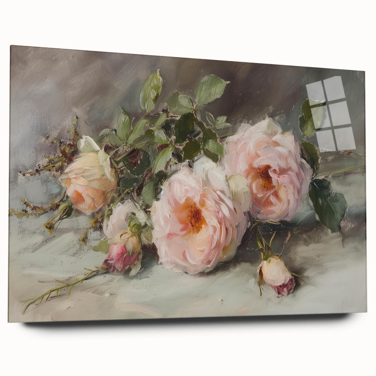 Abstract floral design on acrylic glass, showcasing vibrant colors and intricate patterns, ideal for modern home decor. Side view highlights its sleek finish.