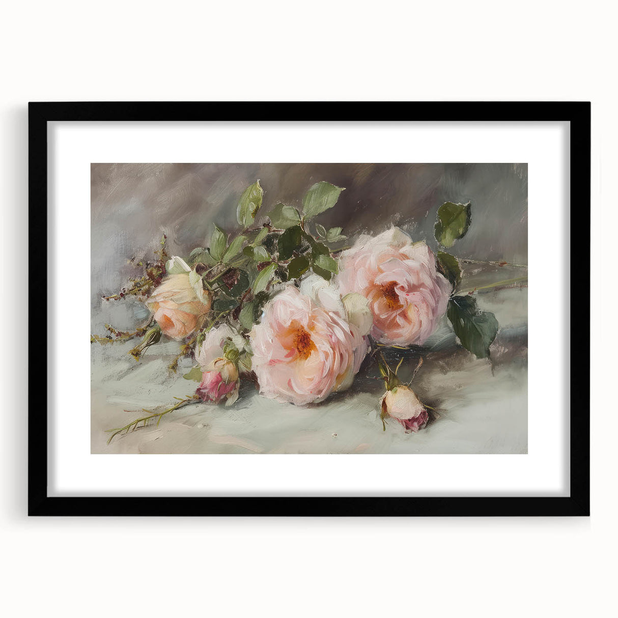 Abstract floral wall art framed in black, showcasing colorful blooms with a textured mat background, ideal for modern home decor and artistic interiors.