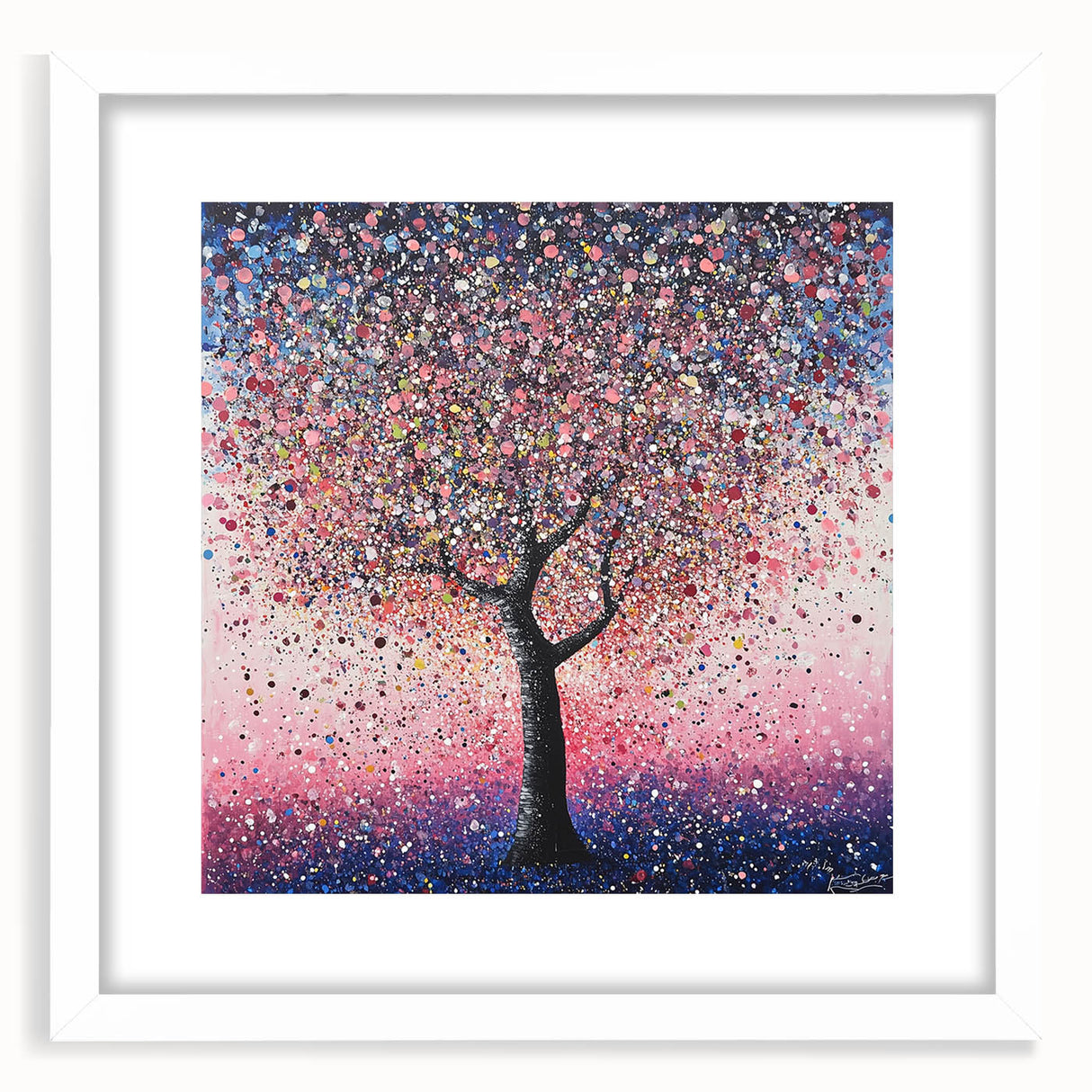 Abstract floral art print framed with a white mat, showcasing vibrant colors and intricate designs, ideal for modern home decor and artistic displays.