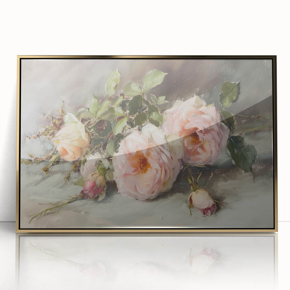 Framed acrylic artwork featuring an abstract floral design in vibrant colors, highlighted by a gold frame, perfect for modern home decor.