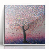 Framed acrylic artwork showcasing vibrant abstract florals in shades of pink, blue, and green, set against a sleek white background, ideal for modern decor.