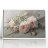 Framed acrylic artwork displaying vibrant abstract floral designs in shades of pink, blue, and green, set against a sleek white background, ideal for modern home decor.