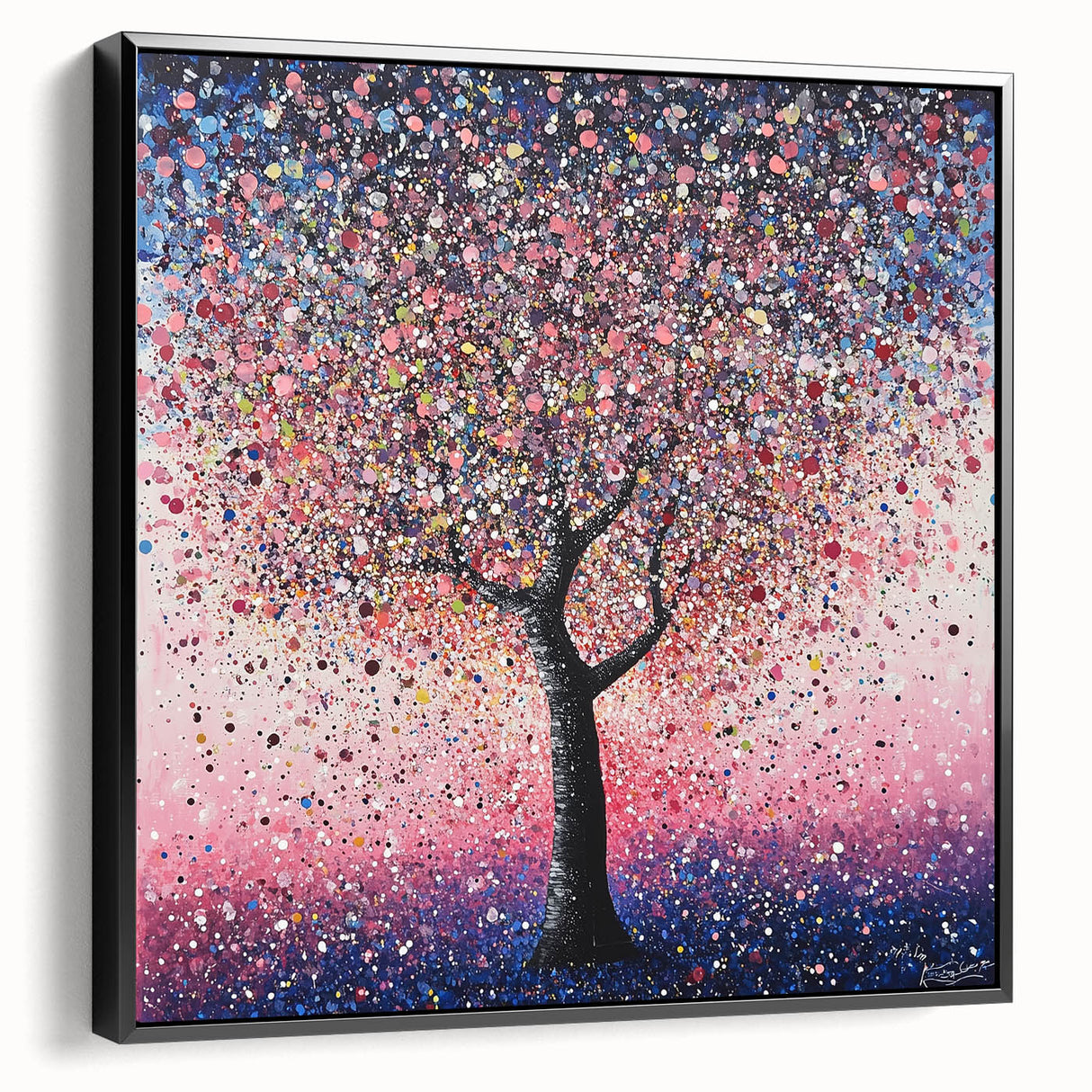 Framed canvas artwork showcasing an abstract floral design with vibrant colors, displayed in a sleek black frame, adding elegance to any modern decor. Ideal for enhancing living spaces or offices.