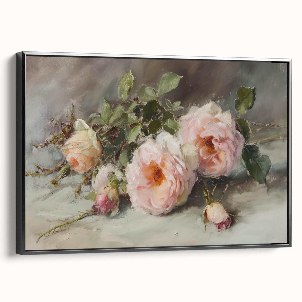 Framed canvas artwork showcasing abstract floral designs in vibrant colors, set against a black background, perfect for modern home decor.