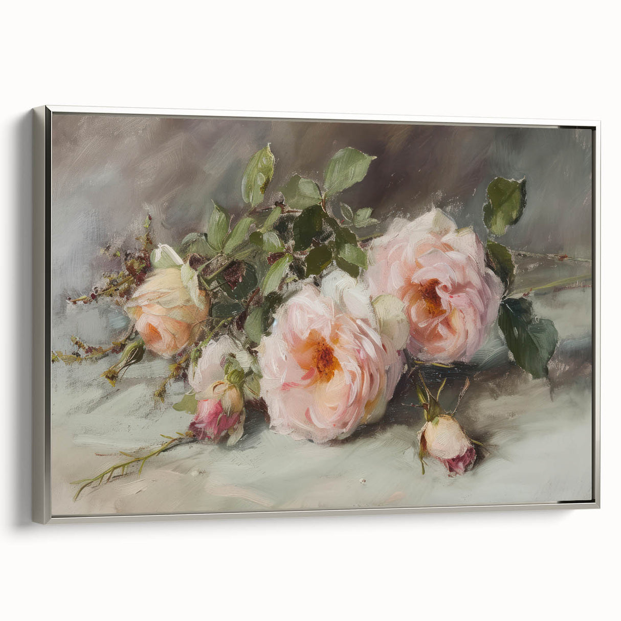 Framed canvas artwork showcasing an abstract floral design in vibrant colors, elegantly displayed with a silver frame, perfect for modern decor.