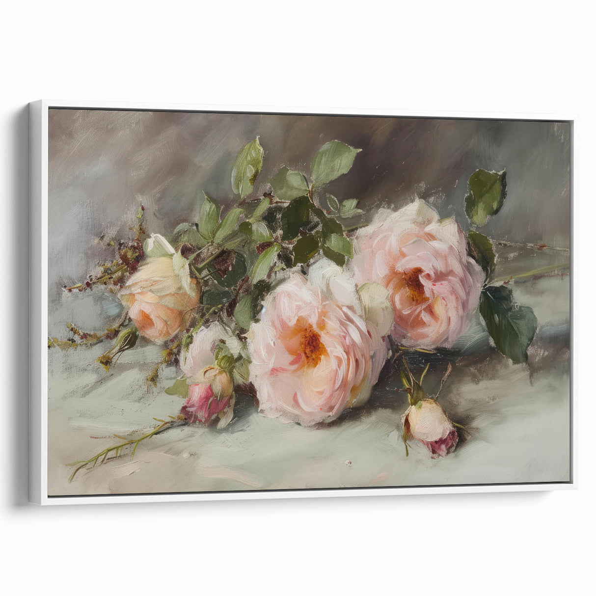 Framed canvas artwork showcasing abstract floral designs in vibrant colors, set against a white background. The piece adds a modern touch to any decor.