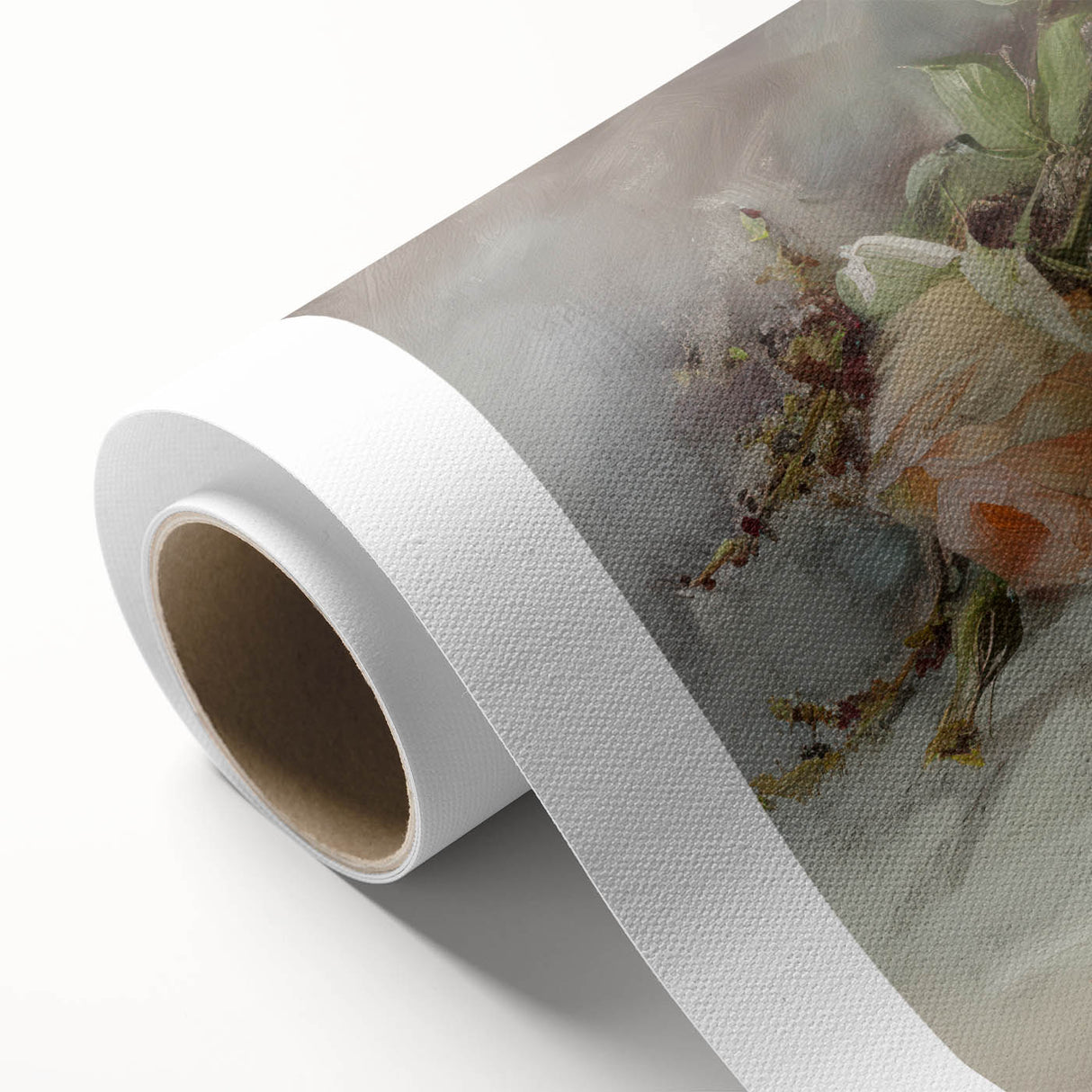 Abstract floral design on rolled canvas featuring vibrant colors of pink, blue, and green, ideal for modern home decor. Packaged securely in a protective tube.