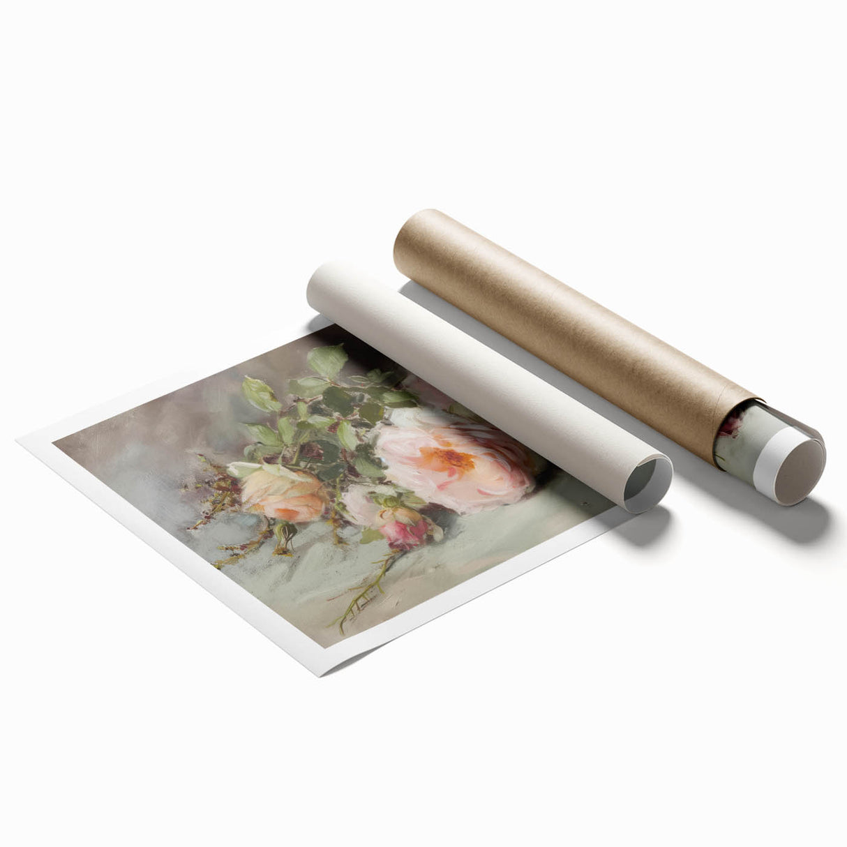 Abstract floral rolled print showcasing vibrant colors, featuring intricate botanical designs on a textured surface, ideal for modern home decor.
