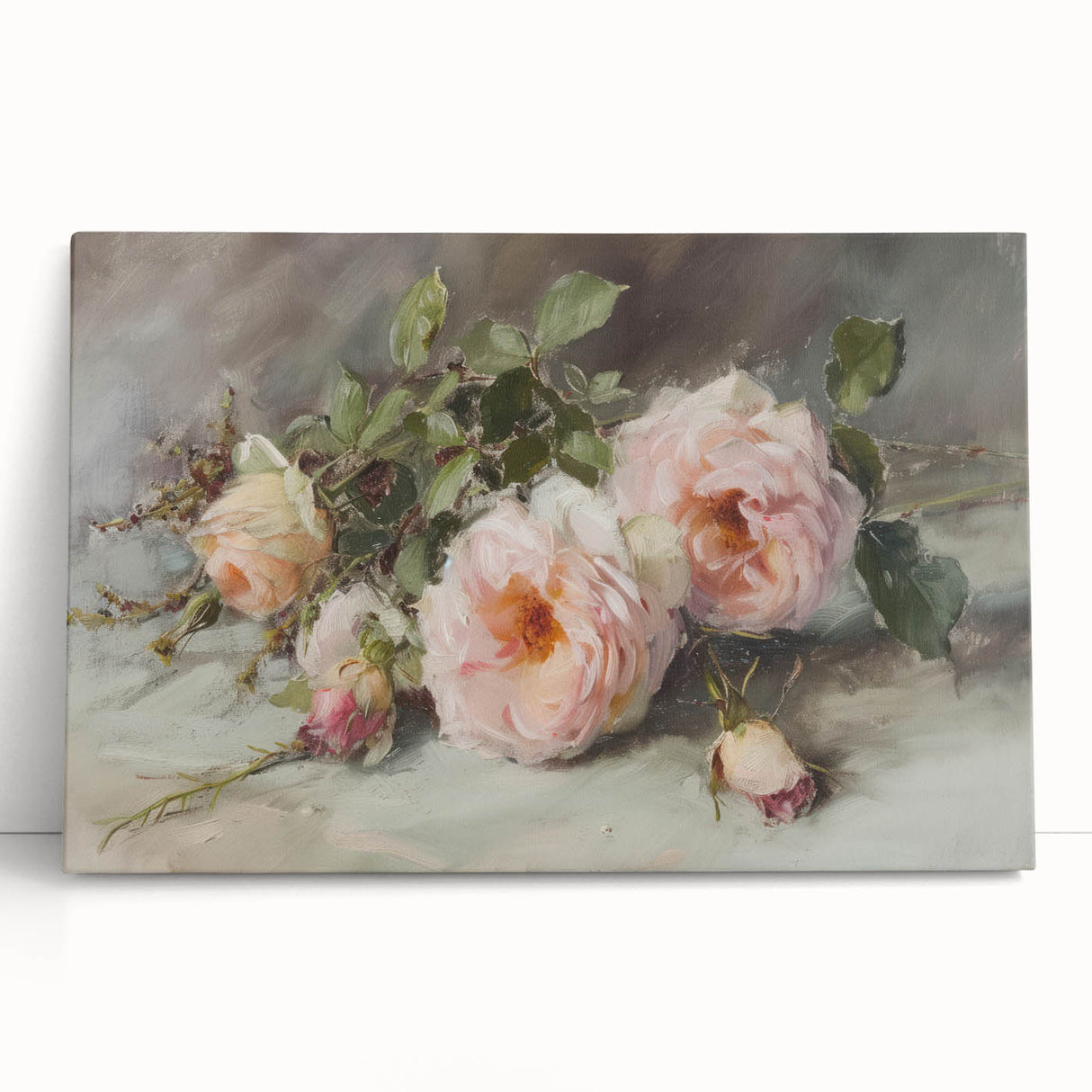 Abstract floral design on stretched canvas, showcasing vibrant colors of pink, blue, and green, ideal for modern home decor. Perfect for adding a touch of elegance to any room.