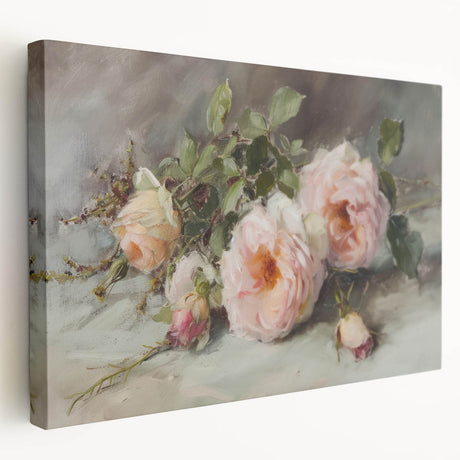 Stretched canvas artwork showcasing vibrant abstract florals in shades of pink, blue, and gold, ideal for modern home decor or office spaces.