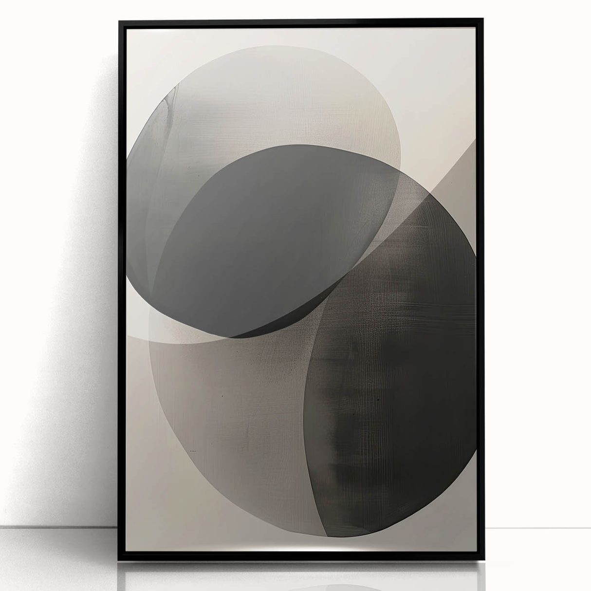 Abstract minimalist wall art framed in black acrylic, showcasing a modern design with soft, muted colors. Ideal for contemporary home decor, adding elegance to any space.