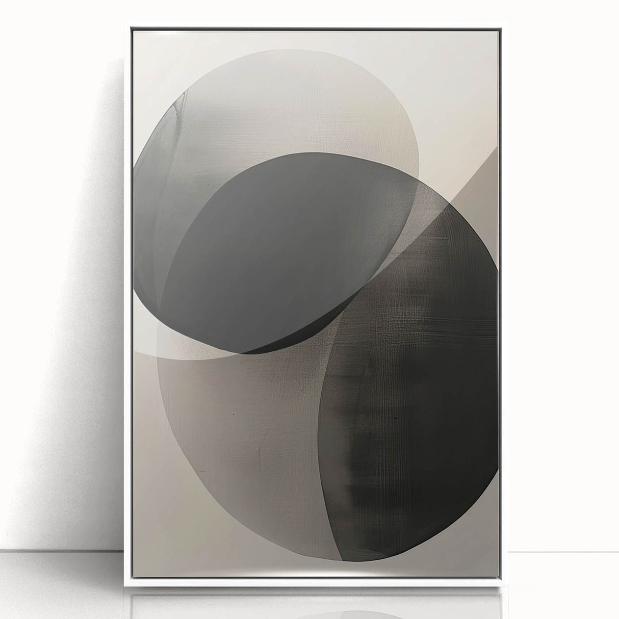 Abstract minimalist wall art framed in white acrylic, showcasing a modern design with soft hues and geometric shapes, perfect for contemporary decor.