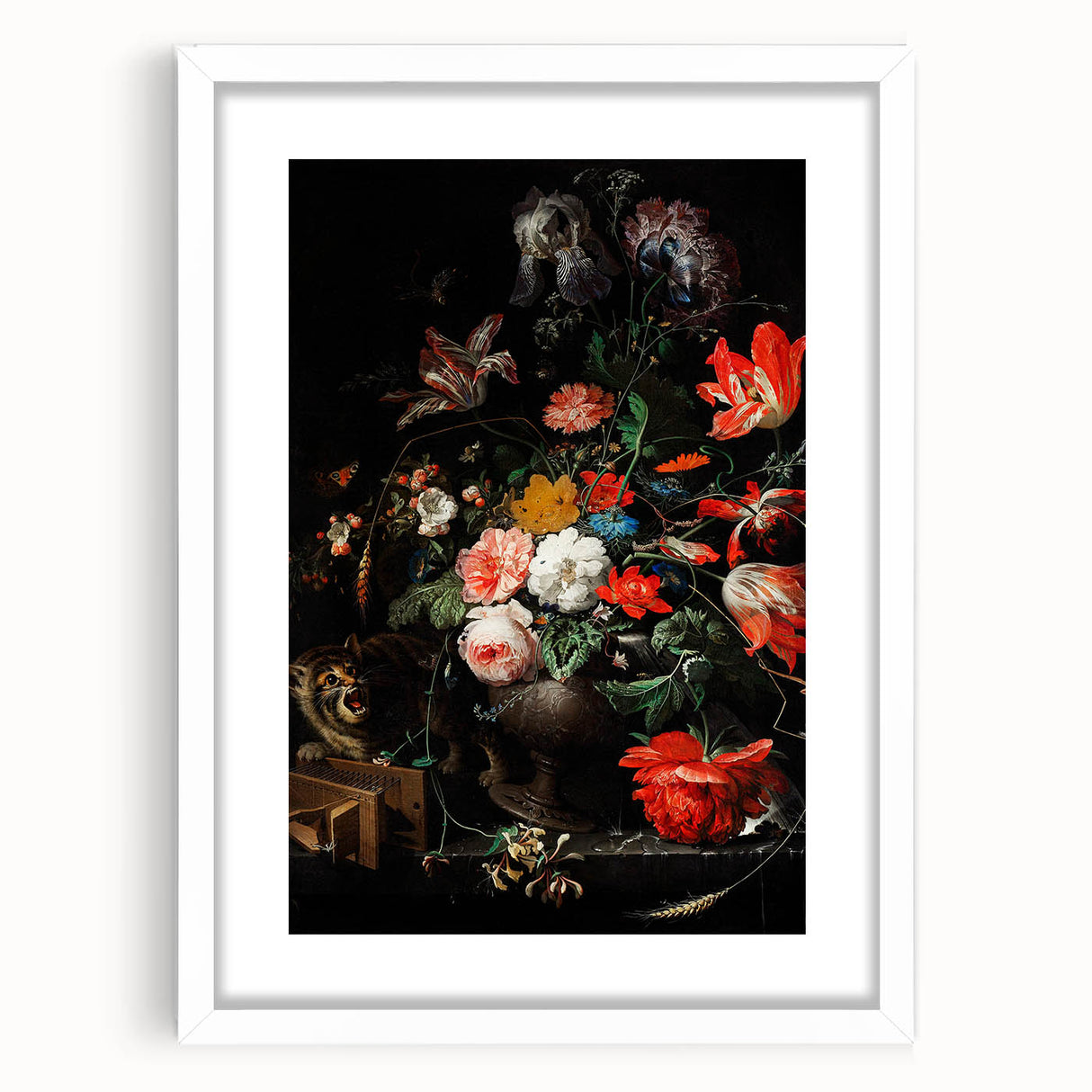 Baroque Floral Still Life with Cat - Classic Antique Art Print