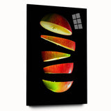 Large abstract wall art featuring assorted fruits in vibrant colors on acrylic glass, ideal for bedroom or dining room decor.