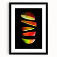 Extra large abstract art print featuring vibrant, textured depictions of various fruits, framed in black.