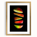 Extra large abstract art print featuring a textured mix of vibrant fruits, framed in gold, ideal for living room decor.