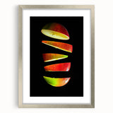 Textured art print featuring an abstract array of fruits in muted earth tones, framed in silver, ideal for bedroom decor.
