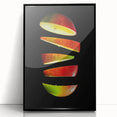 Large abstract wall art featuring an array of fruits in vibrant colors on a black acrylic framed print.
