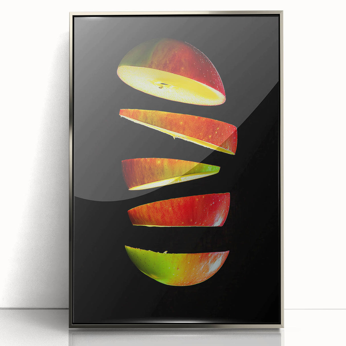 Mid-century modernist art featuring an array of colorful fruits on a silver-framed acrylic print.