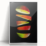 Art deco poster featuring assorted fruits in vibrant colors on a white acrylic framed print, ideal for modern kitchen decor.