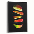 Black and white framed canvas of vintage poster art featuring assorted fruits, suited for bedroom wall decor.