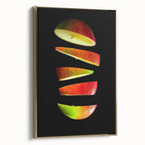 Framed canvas depicting a vintage poster of assorted fruits in muted colors, ideal for bedroom wall art.