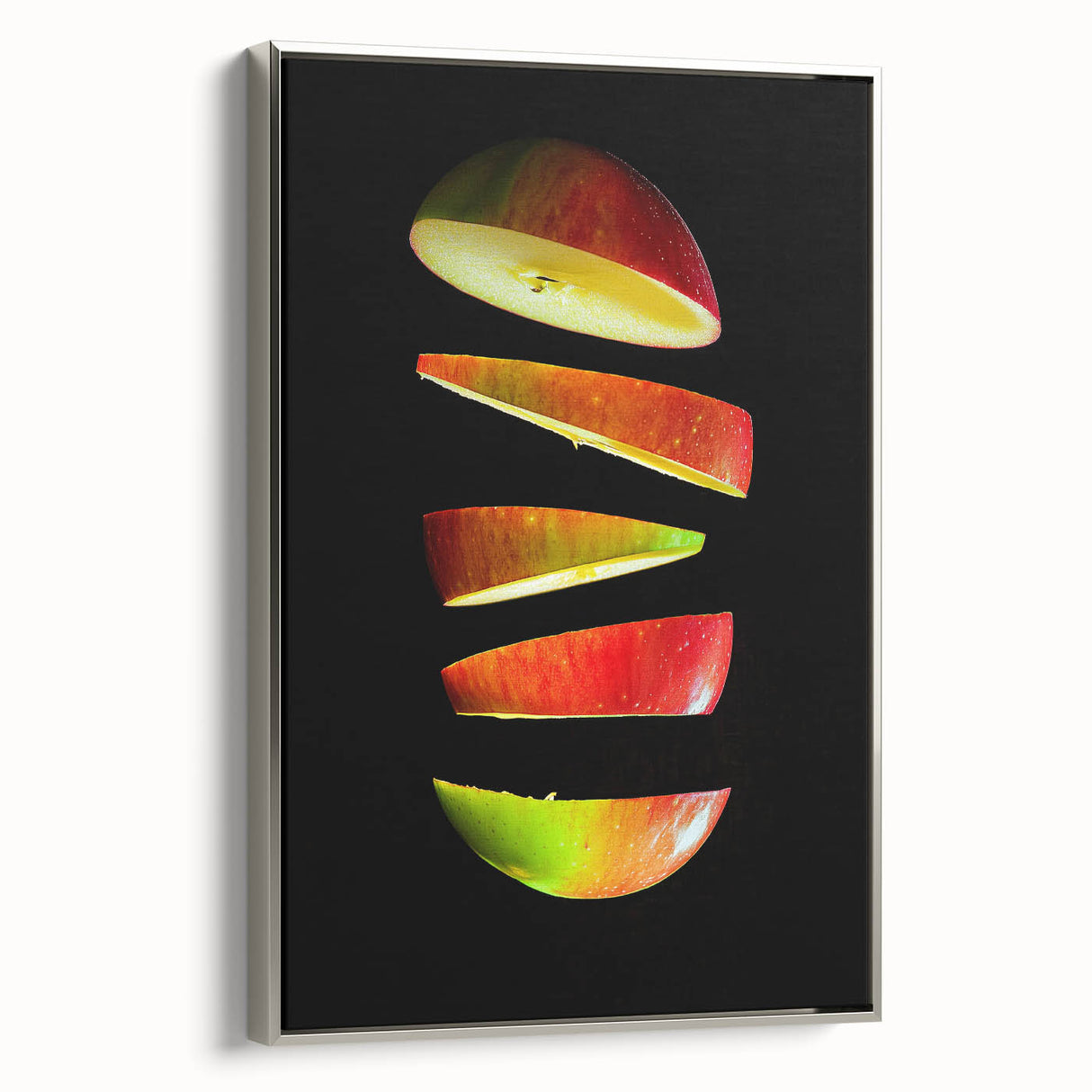 Landscape art painting featuring a variety of colorful fruits on a black background, framed in silver.