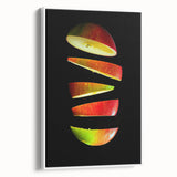 Framed canvas vintage poster art featuring an assortment of colorful fruits on a black background.