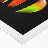 Art deco poster featuring an array of fruits in vibrant colors on rolled canvas, suitable for dining room decor.