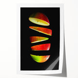 Rolled canvas print featuring an assortment of fruits in vibrant colors, ideal for dining room wall art.