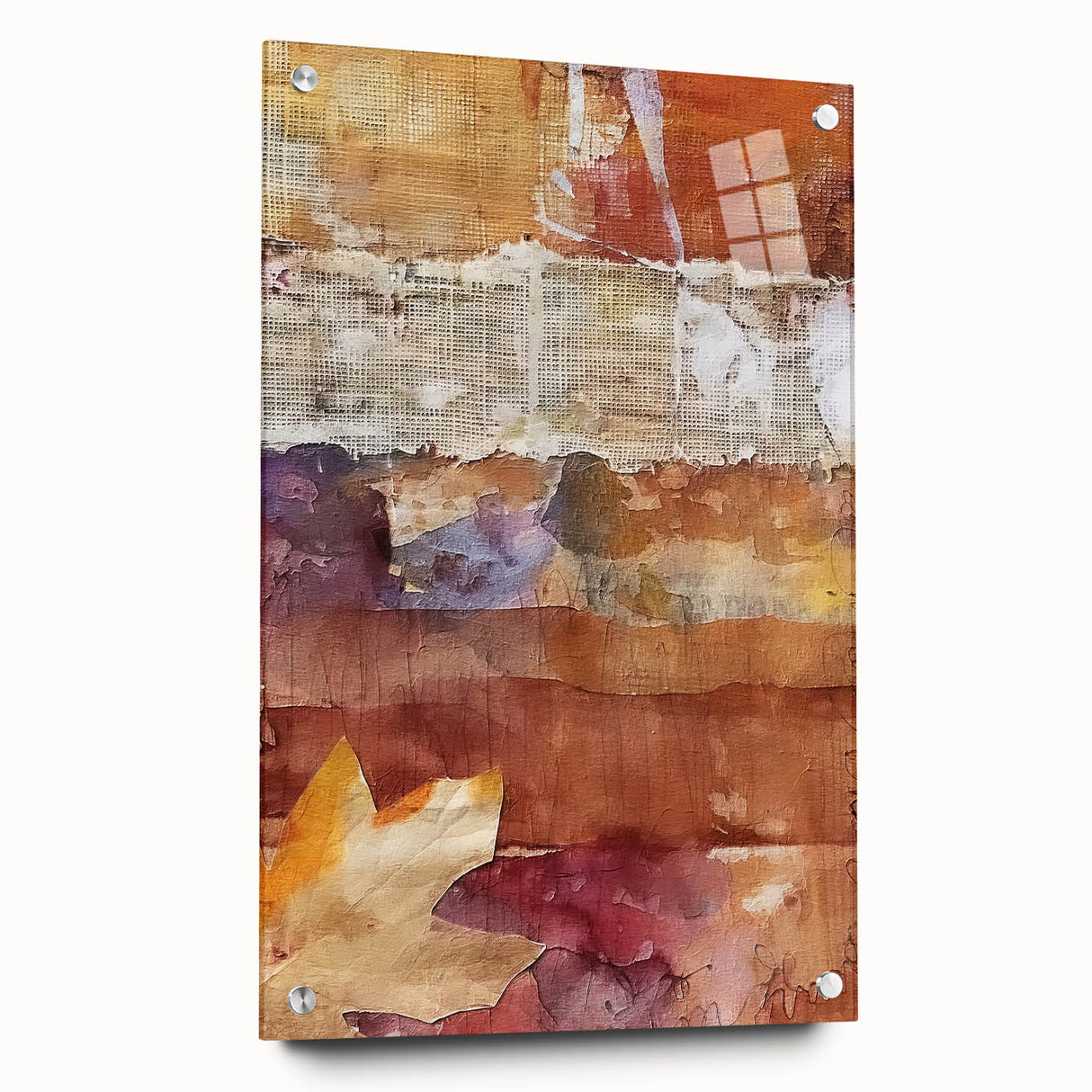 Large abstract wall art depicting fall colors on acrylic glass, ideal for bedroom or dining room decor.