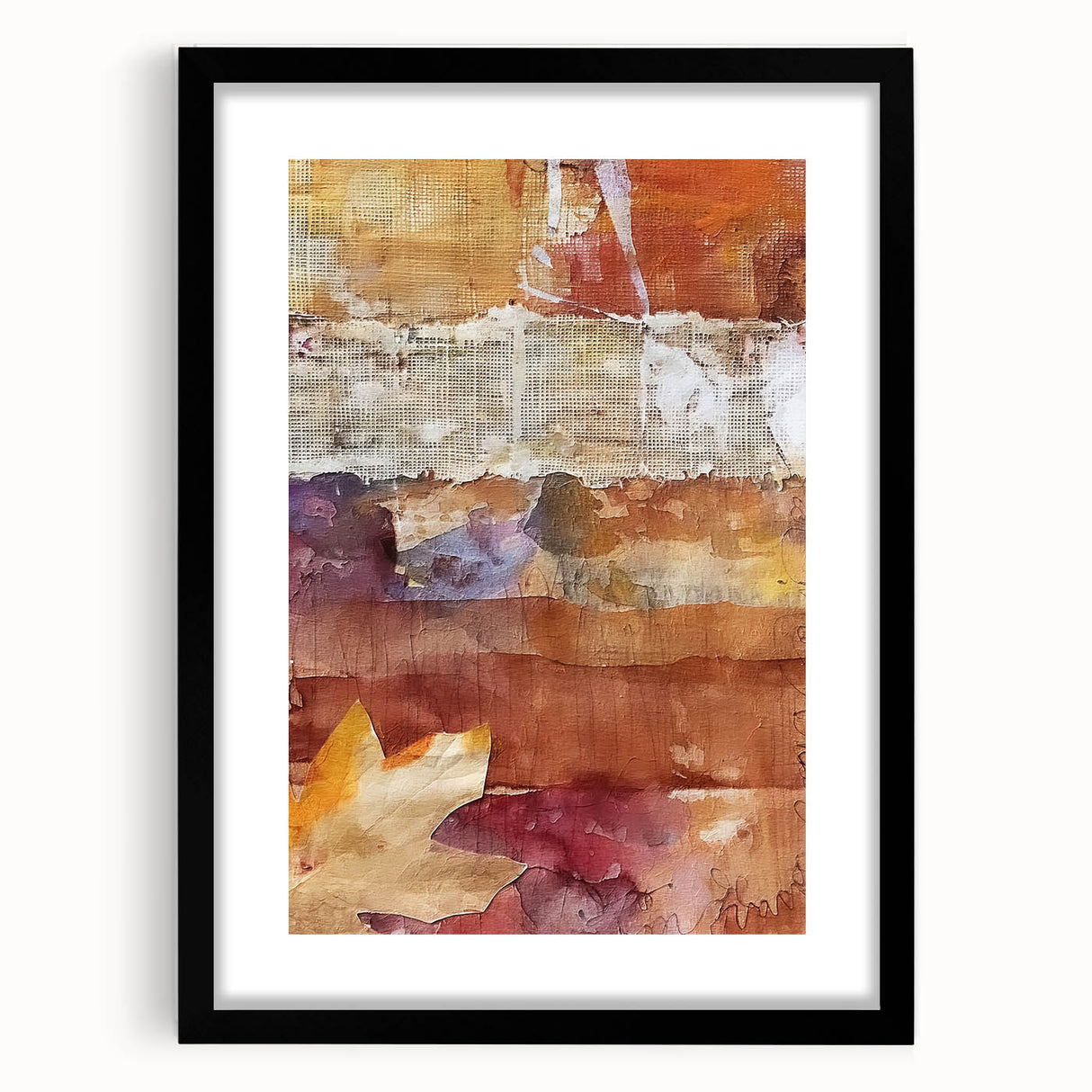 Extra large abstract art print featuring vibrant autumn colors in a textured style, framed in black.
