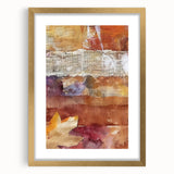 Extra large abstract art print featuring textured autumnal hues on a gold-framed canvas, ideal for living room decor.