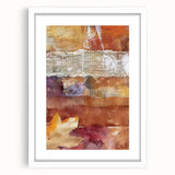 Abstract art print featuring warm fall colors in a minimalist style, framed with a white mat, ideal for dining room decor.