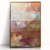 Large art print of a mid-century modernist fall scene in acrylic, with warm gold and orange tones, framed.
