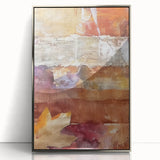 Mid-century modernist art depicting an abstract fall landscape in warm orange and brown tones, framed in silver acrylic.