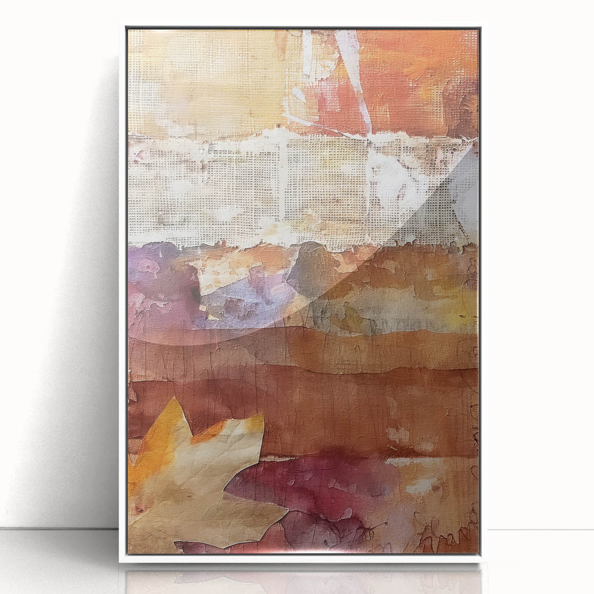 Art deco poster of abstract fall trees in orange and yellow tones, framed acrylic, ideal for nursery wall art.