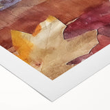 Art deco poster featuring autumn leaves in warm orange tones on rolled canvas, suitable for dining room decor.