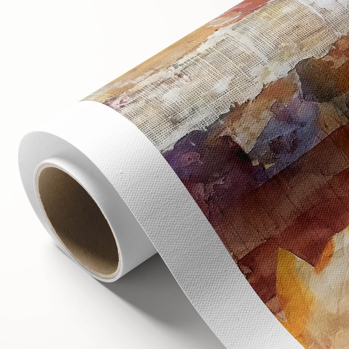 Art deco style poster featuring autumnal trees on rolled canvas, with warm orange and brown tones.