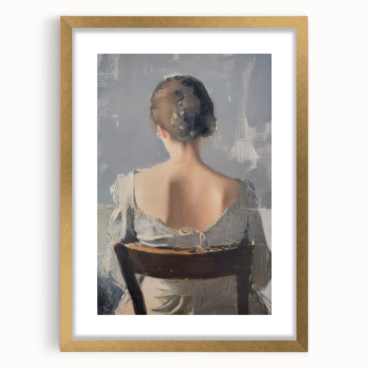Abstract figurative art frame in a luxurious gold finish, showcasing intricate designs and a white mat, ideal for enhancing home decor aesthetics.