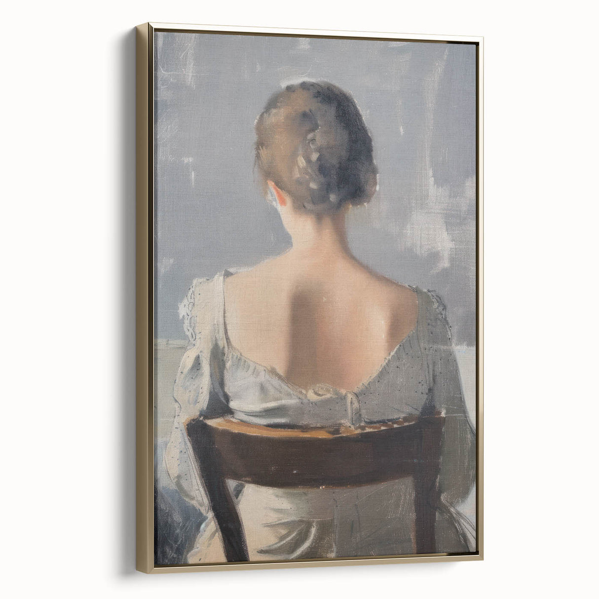 Abstract figurative framed canvas artwork featuring gold accents, showcasing a side view of dynamic shapes and textures, perfect for modern home decor.