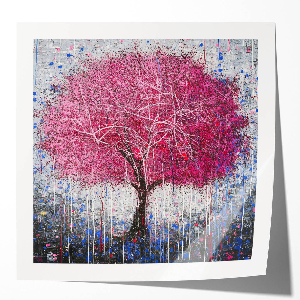Abstract floral art print mockup featuring vibrant colors and glossy finish, ideal for modern decor. Perfect for showcasing artistic designs in home interiors.
