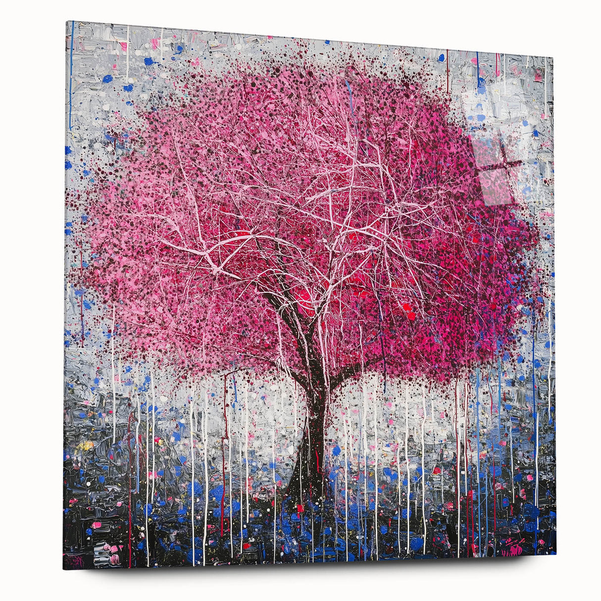 Abstract floral acrylic wall art displayed in a glass frame, showcasing vibrant colors and intricate designs, perfect for modern home decor. The piece emphasizes elegance and creativity, enhancing any room's aesthetic.
