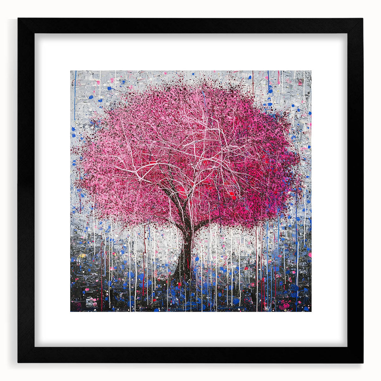 Abstract floral artwork framed in a sleek black mat, showcasing vibrant colors and intricate patterns, perfect for modern home decor.