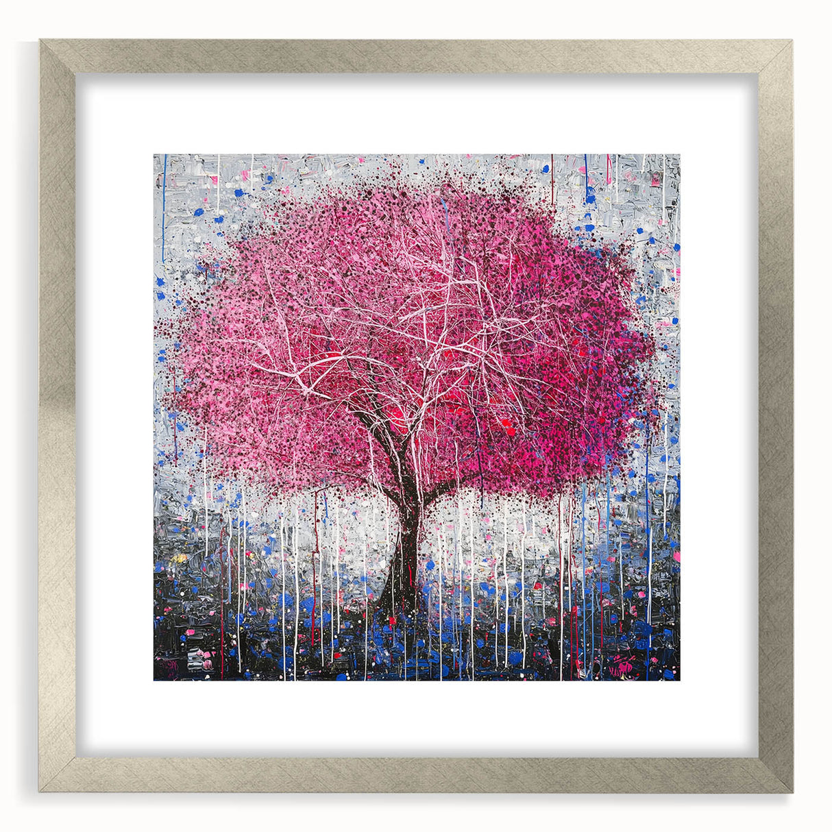 Abstract floral art frame with a silver mat, showcasing vibrant colors and intricate designs, perfect for modern home decor or art collections.