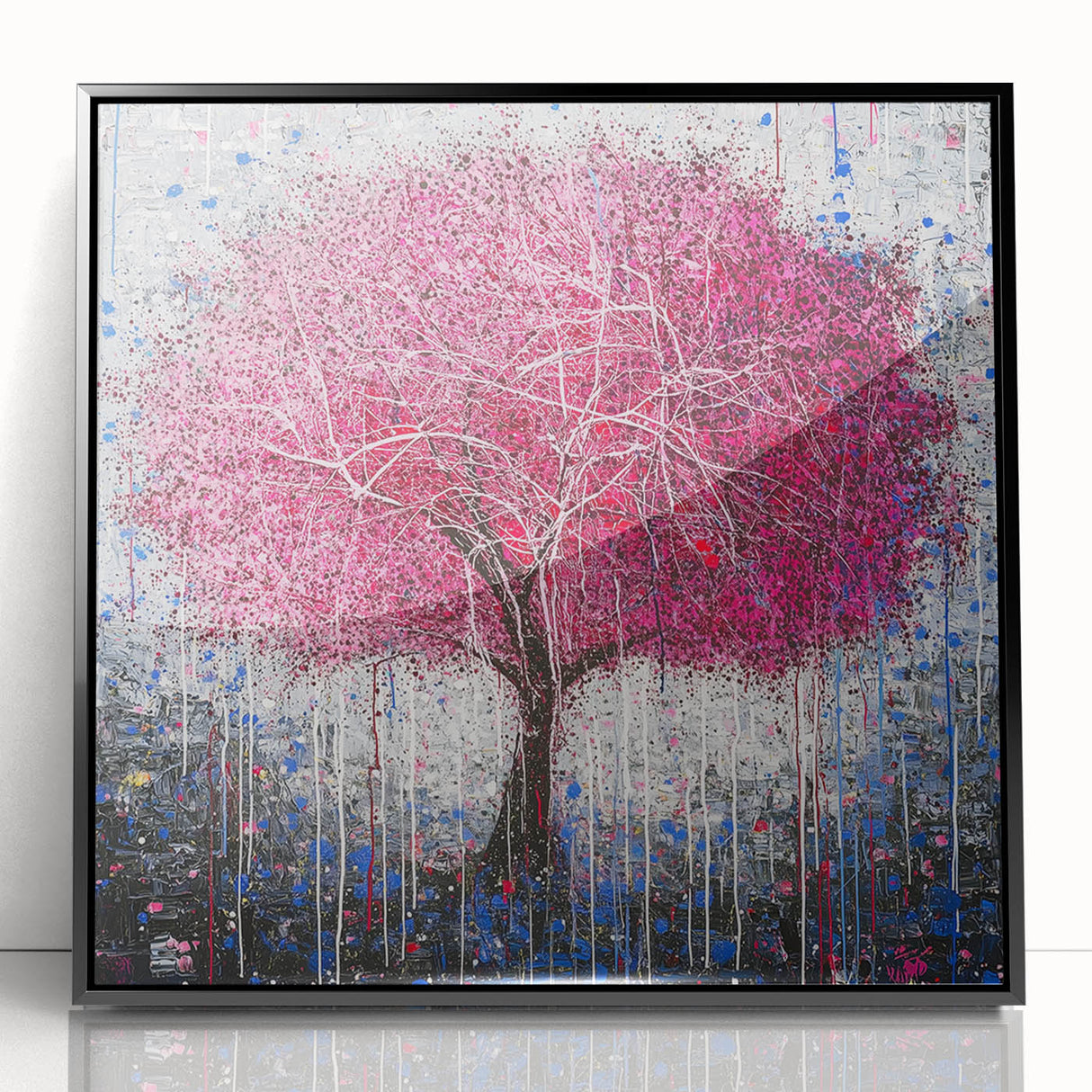 Framed acrylic artwork featuring abstract floral designs in vibrant colors, set against a sleek black frame, ideal for modern home decor. Perfect for adding a touch of elegance to any room.
