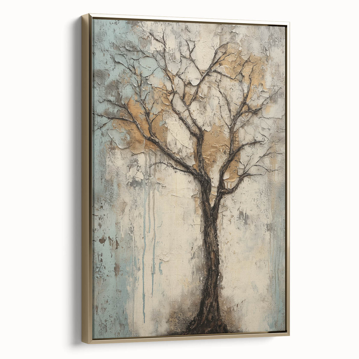 Framed canvas artwork showcasing an abstract floral design with gold accents, presented in a side view to highlight its elegant frame and vibrant colors. Ideal for modern home decor or art enthusiasts looking to elevate their space.
