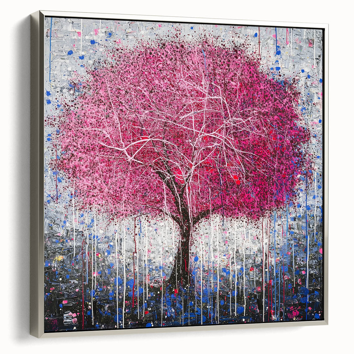 Framed canvas artwork showcasing abstract floral design in vibrant colors, set in a sleek silver frame, adding elegance to modern interiors. Ideal for home decor.